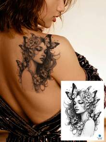 STARTTOOS Black Floral Arm Sleeve Temporary Tattoo - Y2K Girl Rose Peony Butterfly Tiger Head Pattern, Suitable For Arms, Thighs, Chest, Waist, Back, Shoulders, Neck, Collarbones, Waterproof & Realistic, DIY For Carnival, Valentine's Day, Party Gifts - Black - View 8