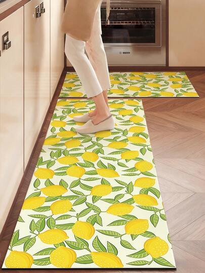 [1pc/3pcs Set] Soft Thickened Kitchen Floor Mat, Lemon Tree Pattern Anti-Slip Oil-Proof Mat, 1000g Silica Gel Plush Material Waterproof Anti-Fouling, High Density Absorbent Design, Suitable For Kitchen, Living Room, Laundry Room, Bathroom And More Scenes, Machine Washable Easy To Clean, Durable Entrance Doormat, Home Decor Floor Mat