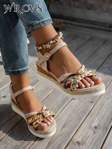 WRCVS 米色女士凉鞋，编织带凉鞋，夏季厚底厚底凉鞋，手工串珠编织随机花卉图案，轻便度假凉鞋，波西米亚风坡跟鞋，户外凉鞋 - 米色 - 查看 4