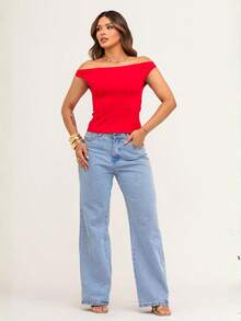 Women's Premium Basic Off-Shoulder Blouse, Elegant Casual Second Skin T-Shirt - Rojo - Ver 4