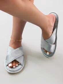 Chinese Style Embroidered Satin Criss-Cross Comfortable & Elegant Women's House Slippers, Non-Slip,Bride Slippers - Light Grey - View 4
