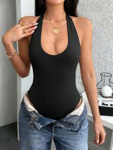 GAOVOT Seksowny damski body z odkrytymi plecami i dekoltem w kształcie litery U, w dużym rozmiarze, w stylu Y2K, letnia odzież sportowa, czarny - Czarne - Zobacz 3