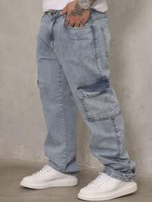 Men's Cargo Jeans With Multiple Pockets And No Elastane. - 淺色水洗藍 - 查看 6
