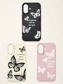 3pcs Butterfly Pattern Phone Cases, Motivational Slogan Positive Energy Phone Cases, Faux Leather Texture Black White Pink Shockproof Protective Covers, Compatible With IPhone & - Multicolor - View 47