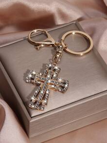 1pc Hiphop Streetwear Crystal Rhinestone Hollow Cross Car Key Chain, Metal Cute Bag Charm Keyring, Unisex Creative Cross-Border Gift, All Season - Gold - View 3