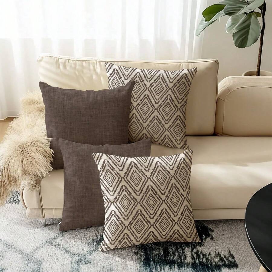 Bộ 4 vỏ gối phong cách Bohemian cổ điển, họa tiết hình học, thiết kế tối giản sang trọng, siêu mềm mại thoải mái, khóa kéo ẩn, có thể giặt máy, vỏ gối trang trí nhà cửa cho ghế sofa, phòng khách, phòng ngủ, không kèm ruột gối. - màu nâu - Xem 1