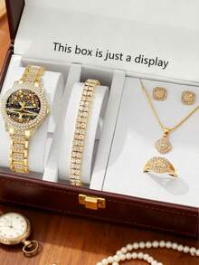 6PCS Elegant And Luxurious Women's Quartz Watch Set, Women's Gold Accessory Set (Includes Gold Metal Full-Rhinestone Strap Life Of Tree Arabic Numeral Dial Rhinestone Bezel Quartz Watch, Full-Rhinestone Gold Bracelet, Full-Rhinestone Gold Earrings, Heart-Shaped Full-Rhinestone Gold Necklace, Full-Rhinestone Gold Ring). - Gold - View 7
