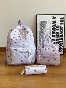 3pcs Fashionable Collegiate Bow Print Backpack Set, Including Backpack, Lunch Bag And Pencil Case, With Laptop Compartment, Adjustable Straps, Multi-Pocket Large Capacity Student Backpack Set, Suitable For Girls/Teens/College Students/Graduates For Daily Use/Vacation/Travel/Back To School - Multicolor - View 14