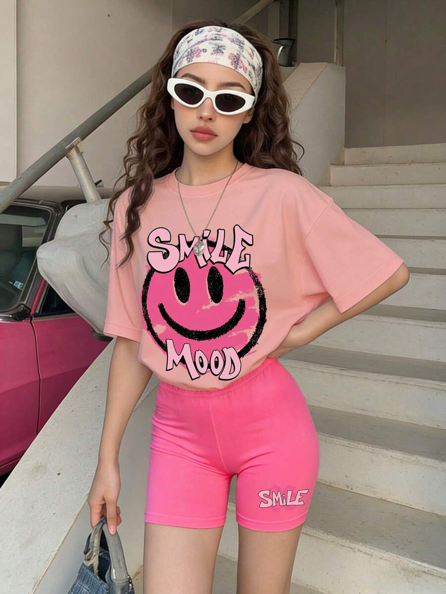 2pcs/Set Girls Graffiti Smiling Face T-Shirt + Cycling Shorts Y2K Streetwear Casual Skateboard Outfit, Summer - Pink - View 1