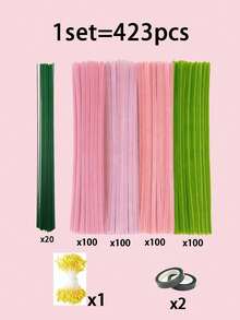 423pcs- Pipe Cleaner Craft - DIY Floral Kit Green Pink 4 Colors Pipe Cleaner Includes Flower Stems Anthers With Ribbons For Tulip Bouquet Making Materials, Suitable For Holiday DIY Crafts - Multicolor - View 12