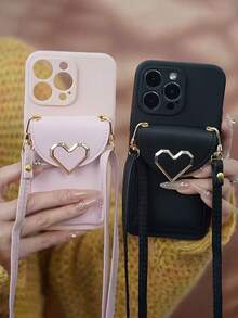 Heart Card Slot Lanyard Phone Case, Compatible With Apple 17/17Pro/17ProMax/15/16 Pro Max, 12 Women's Full Coverage Soft Case, 14, 12 ProMax Diagonal Coin Purse Phone Case - Black - View 4
