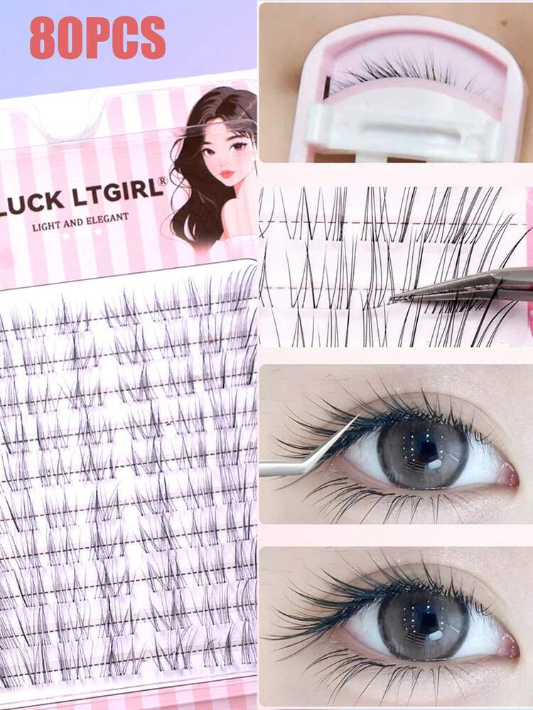 80片柔软精致的斜翘狐狸毛式婴儿弯睫毛，透明睫毛梗，自然凌乱，仙气十足的C型卷翘睫毛 - C - 查看 4