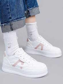 女士时尚厚底休闲运动鞋，百搭系带款，四季皆宜，白色休闲鞋 - 粉色 - 查看 5