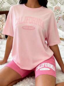 Casual Pajamas, California West Coast Letter Print T-Shirt, Comfortable Loose Women's Loungewear Set - Multicolor - View 7