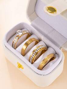 4件套金色叠戴戒指套装，女士款，镶钻+哑光纹理/旋转密镶戒指，适合日常、派对、休闲场合佩戴 - 戒指套裝 - 查看 3