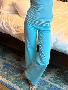 Women Y2k Low Waist Loose Fit Trousers Cute Striped Wide Flare Leg Pants Stretchy Folds Over Lounge Home Sweatpants - 藍色 - 查看 5