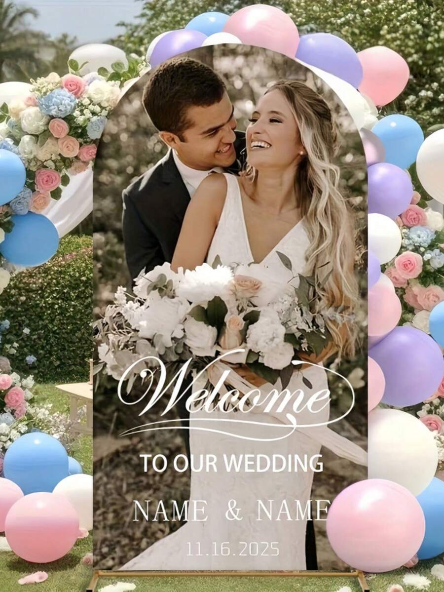 Customized Arch-Shaped Backdrop, Personalized With Photos And Text, Durable Stretchable Polyester Material, Suitable For Birthday, Wedding, Party And Other Occasions, Perfect Decorative Gift - Multicolor - View 1