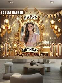 1pc Customized Happy Birthday Background, Gold Theme Personalized Birthday Custom Poster, Birthday Party Custom Photo And Name Poster For Party Background Decoration, Exclusive Personalized Graphic Text Customization Service - Multicolor - View 6
