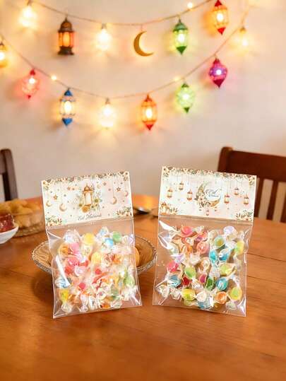 50个开斋节礼品袋，开斋节水彩月亮花卉自封袋，斋月派对用品，斋月糖果袋，开斋节斋月装饰品，斋月派对小礼品袋，开斋节礼品包装袋，斋月巧克力袋，斋月开斋节饼干烘焙袋，开斋节斋月庆祝餐桌装饰，斋月灯笼，开斋节派对小礼物