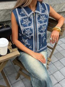 Women's Short Sleeveless Printed Denim Jacket - Dark Wash - View 6