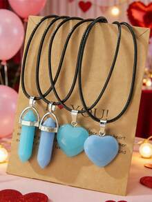 4入組夜光彩色水晶心火山石友誼情侶項鍊,最好禮物適用於女士們至穿戴在日常生活 - 彩色 - 查看 13