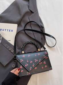 女孩可爱樱桃印花女士钱包，编织手柄女士手提包，不对称女士托特包，翻盖女士单肩包，适合女孩，办公，日常通勤，休闲，摄影，度假，礼物 - 彩色 - 查看 10