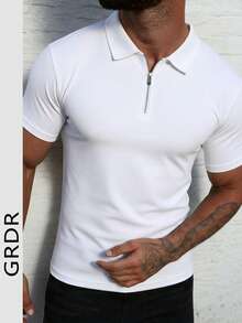 GRDR Men's Solid Color Short Sleeve Zipper Design Casual Versatile T-Shirt - Black and White - View 5