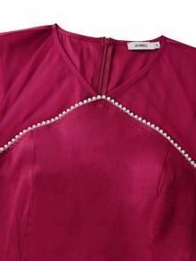 Curvy Women Wine Elegant Mermaid Dress With Sheer Mesh Long Sleeve Pearl Chain Embellishment Fitted Cocktail Party Gown - Wine Red - View 6