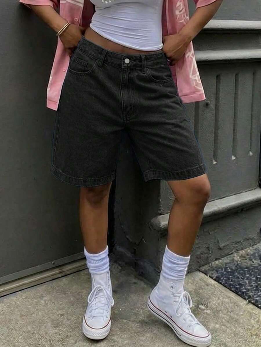 女士夏季休闲及膝阔腿宽松百慕大牛仔裤度假海滩乡村音乐会 - 黑色 - 查看 1