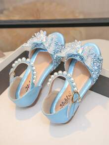 Baby Girl Flat Sandals Bow Rhinestone Pearl Color Diamond Princess Shoes - Blue - View 5