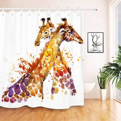 1pc Modern Minimalist Giraffe Graffiti Shower Curtain, Animal Painted Printed Shower Curtain, Very Suitable For Bathroom Decoration, Universal Room Decoration, Home Decoration Set, Bathroom Accessories Bathtub Curtain