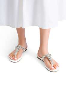 Women Flat Sandals Rhinestone T-Strap Flip Flops Thong Sandals Vacation Beach Casual Chic Party Slip On Sandals Shoes - 白色 - 查看 2