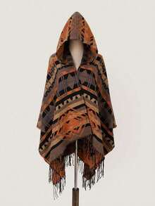 1pc Warm & Comfortable Heart Pattern Hooded Fringed Poncho Shawl - Multicolor - View 2