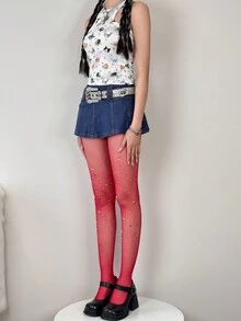 1 Pair Multicolor Asymmetrical Shiny Rhinestone Embellished Fishnet Stockings, Sexy Y2K Style Rhinestone Mesh Tights - Multicolor - View 7