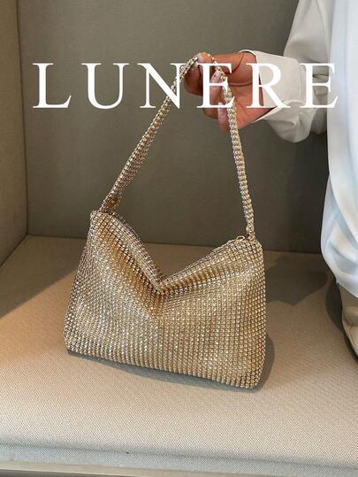 Women's Glittering Gold Elegant Party Clutch Bag, Shiny & Alluring, New Arrival Rhinestone Crescent Moon Handbag In Stock, Fashionable Shoulder Bag For Party, Dinner, Suitable For Girls, Women, Weddings, Galas, Dinners/Banquets, Best Gift For Women , Gold Bag