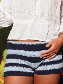 Women's Striped Knit Micro Shorts Fold Over Elastic Waist Slim Fit Mini Bottom Y2k Lounge Crochet Sweater Shorts - 深藍色 - 查看 1