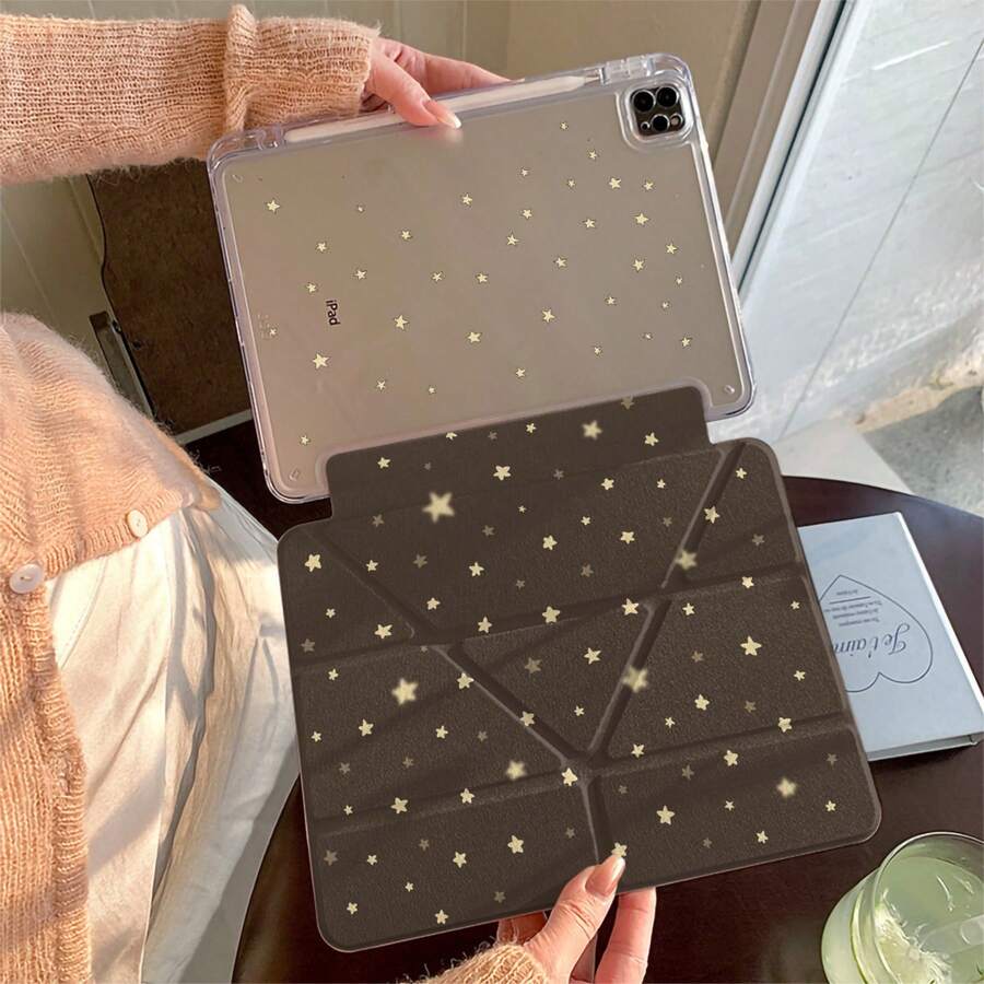 极简棕色底黄色星星可爱扁平保护套,适用于 iPad 第 11 代平板电脑、iPad Pro 2025 新款、可爱第 10 代 Air 7/6,带笔槽,防弯折,11 英寸平板电脑保护套,适合女孩使用 - 棕色 - 查看 1