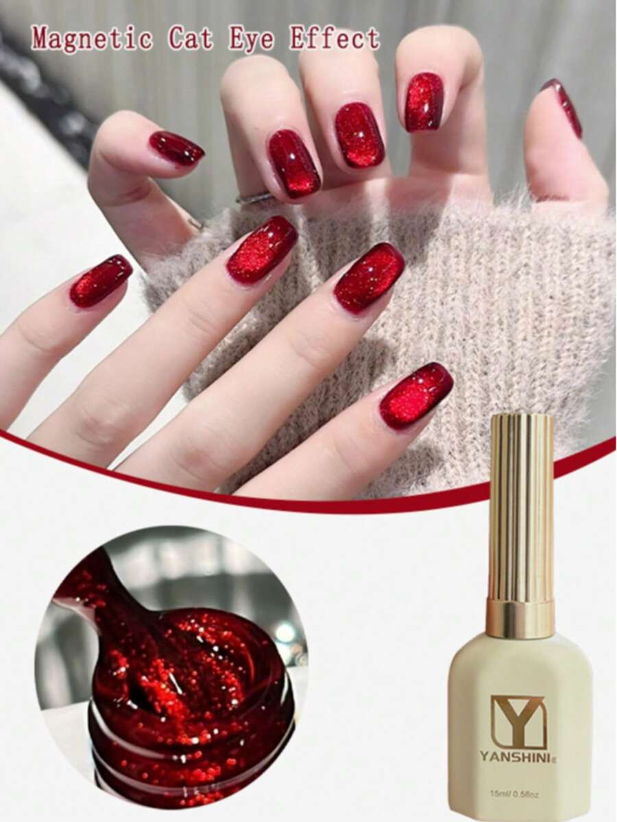 15ml Ruby Red Magnetic Cat Eye Gel Nail Polish – Deep Red Shimmer Soak-Off UV/LED Gel For DIY & Salon Nails For Women - Red - View 1