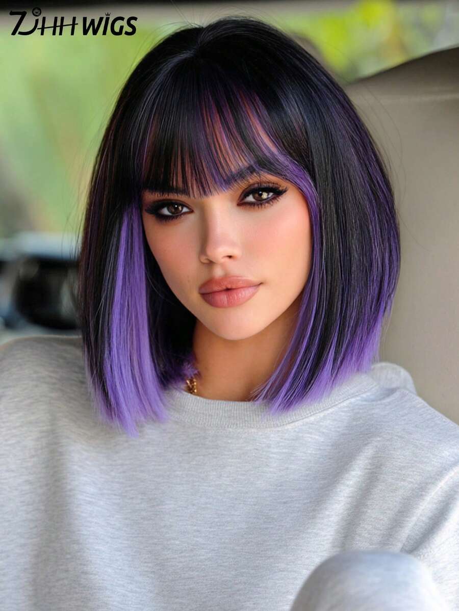 7JHH WIGS Short Black Mix Highlights Purple Bob Wig For Women Short Straight Hair Wig With Bangs, Full Machine Synthetic Heat Resistant Wig For Daily Party Wear, Music Festivals Celebrations & Cosplay Decoration Wigs Accessory 12 Inch
