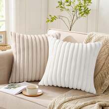 1pc Soft Faux Rabbit Fur Striped Throw Pillow Cover, Modern Decorative Sofa Cushion, Suitable For Living Room And Bedroom - Beige - View 7