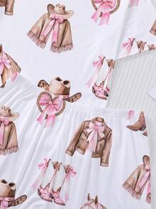 2pcs Plus Size Women's Pajama Set, Yak Floral Denim Print, Plus Size Women's Loungewear, Spring/Summer Holiday Outfit, Crew Neck Pullover Top And Shorts, Wearable Set - White - View 8