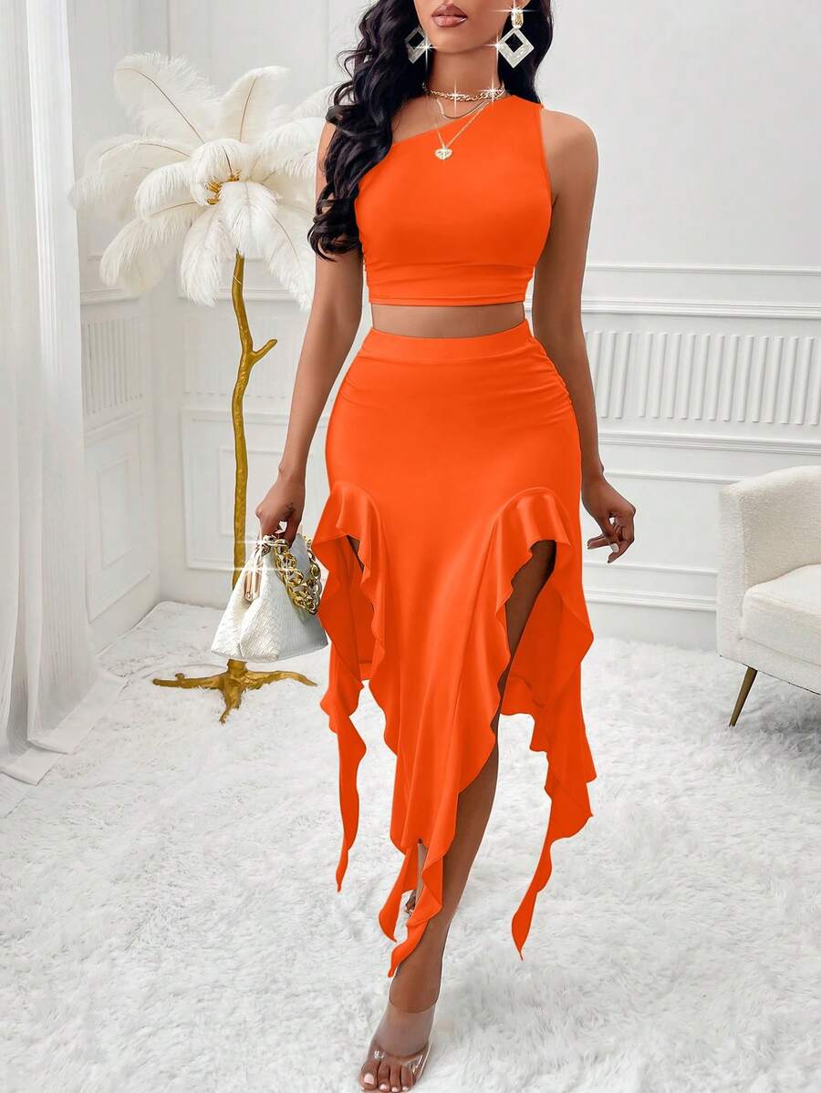 AIJ Amarilo Women Sexy One-Shoulder Side Ruched Top And Ruffle Slit Thigh Skirt Set - Orange - View 1