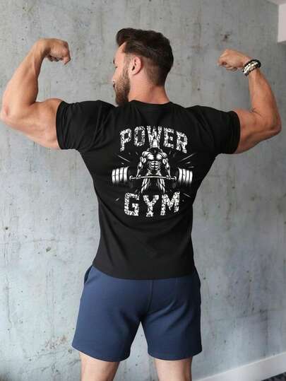 男士时尚哑铃印花圆领短袖T恤，透气运动面料，适合健身、锻炼、休闲穿着 - 圆领短袖，四季皆宜