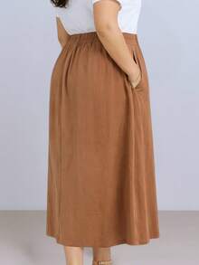 Saia Midi Feminina Plus Size com Fenda na Frente Cintura Alta Alfaiataria Sensorial Marrante - Caramelo - Visão 3