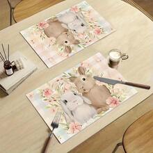 1/4/6 pezzi Serie Pasquale, Un paio di conigli abbracciati circondati da fiori rosa e bianchi e foglie verdi stampati su tovaglietta/tovaglia, realizzata in lino, lavabile a mano - adatta per tavolo da pranzo, cucina, festa, decorazione della casa - Multicolore - Visualizzare 6