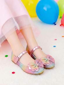 Girls Glitter Ombre Bow Decor Mary Jane Flat Shoes - Multicolor - View 2