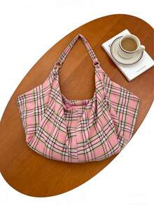 Large Capacity Plaid Pattern Shoulder Bag, New Spring/Summer Ladies Crossbody Bag, Zippered Fabric Bag, Casual Versatile Tote Bag, Suitable For Work, Study, Travel - Pink - View 8