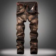 Men's Plus Size Washed Vintage Wrinkled Jeans Men's Mid-Waist Long Pants Retro Washed Straight-Leg Pants - Xanh lam và trắng 518 - Xem 2