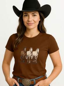 Women's Baby Look T-Shirt With Delicate Cowgirl Print, 100% Cotton - 鏽棕色 - 查看 2