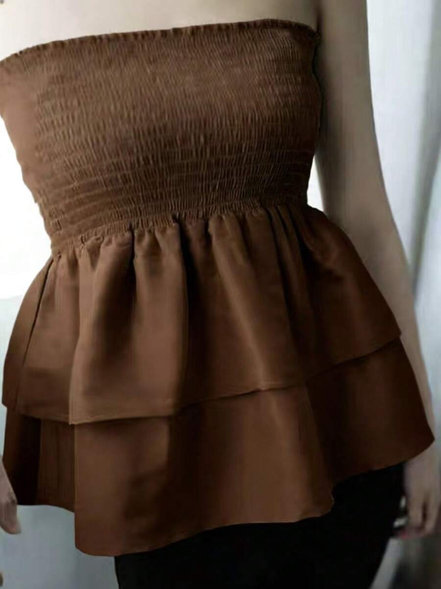 T110 Cropped Blouse With Elastic And Ruffle - Brown - View 1